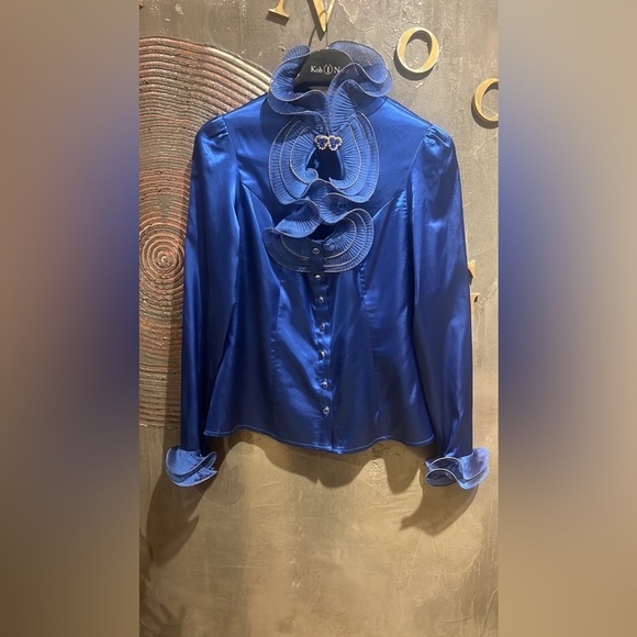 aja Tops - NWOT vintage Royal blue silk blouse with ruffle detail